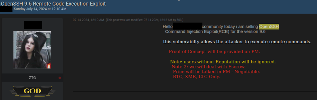 Ad selling an exploit for OpenSSH (data provided by Kaspersky Digital Footprint Intelligence)