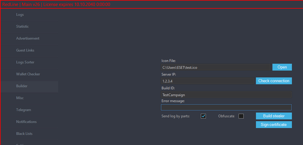 Figure 7. Builder tab of the RedLine panel