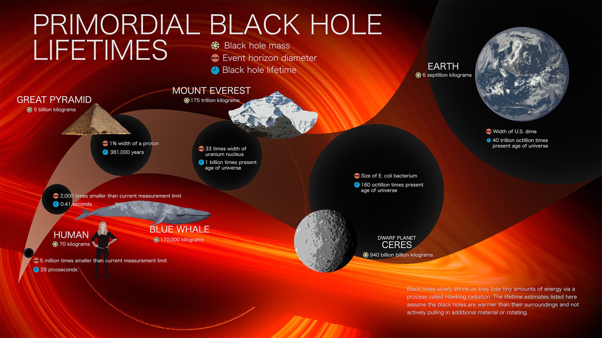 The lifetimes of differently sized primordial black holes.