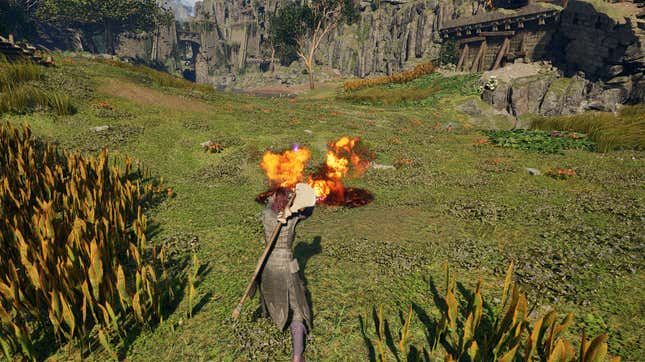 An image of a character in Avowed casting fire with both hands to kill an enemy.