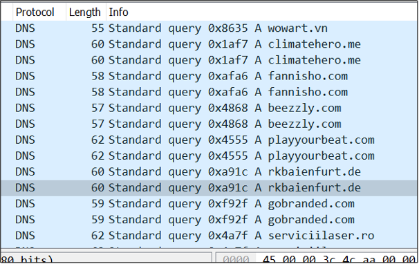 Figure 14: Malicious domain names observed within DNS requests through Wireshark PCAP 