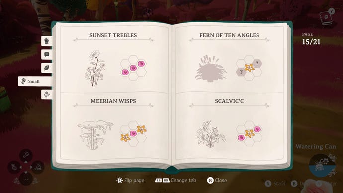 The pages of a book, showing crafting recipes for certain kinds of fiction plant in Wanderstop.