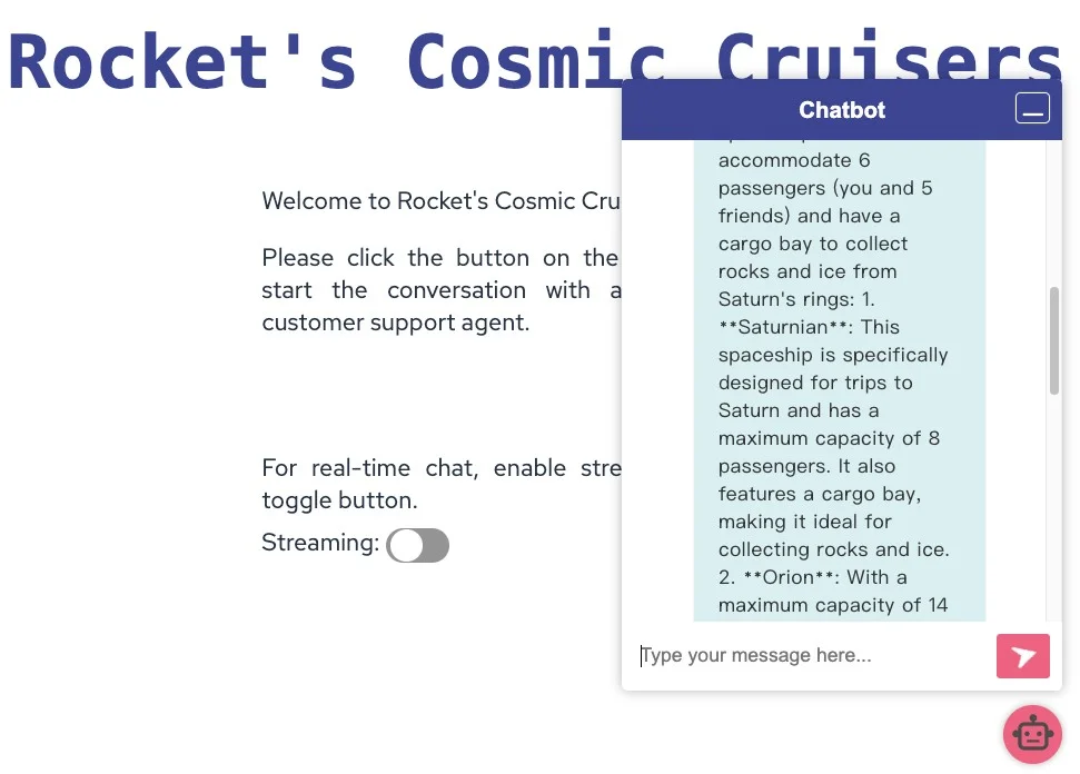 The application providing the user with spaceship suggestions based on the structured output.
