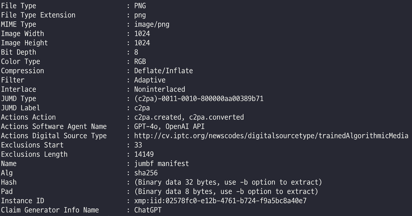 EXIF metadata of images generated by GPT-4o