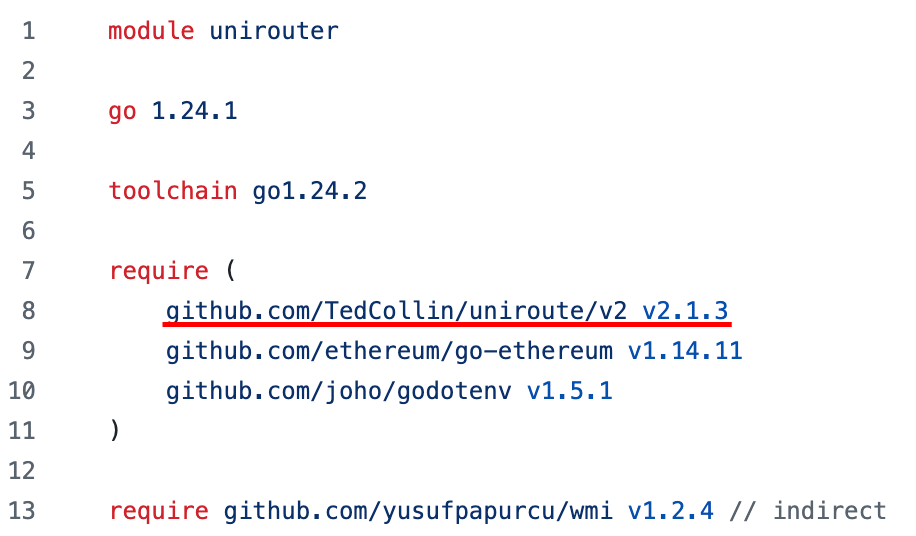 Uniroute malicious package is referenced via go.mod in the DeFi-related project