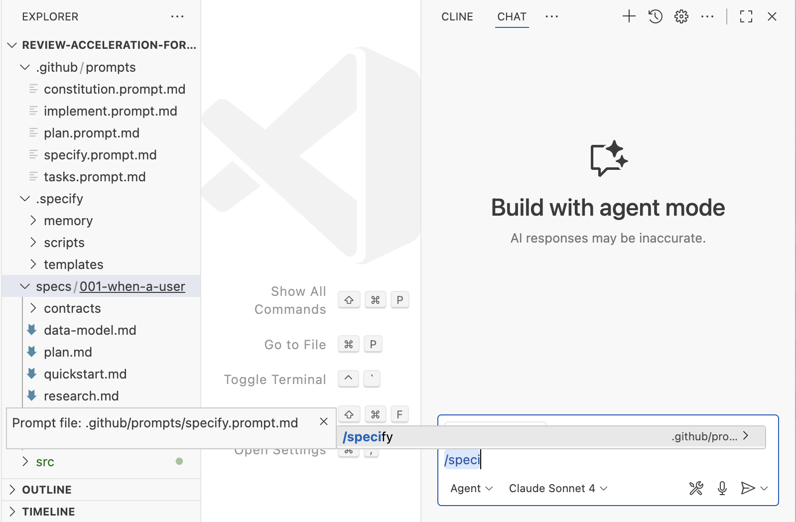 Screenshot of VS Code showing the folder structure that spec-kit set up on the left (command files in .github/prompts, a .specify folder with subfolders memory, scripts, templates); and GitHub Copilot open on the right, where the user is in the process of typing /specify as a command
