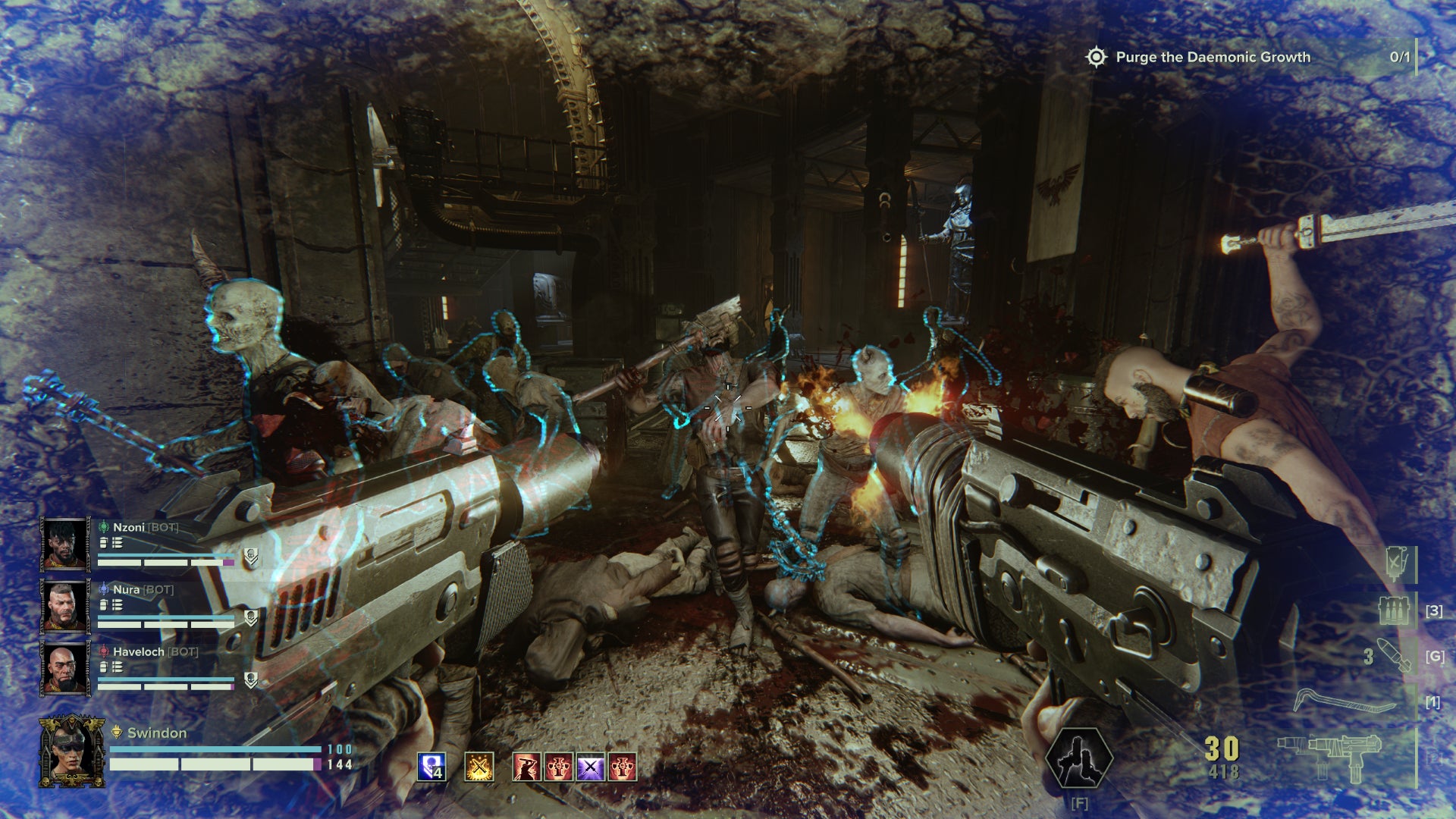 Under the effects of toughness-boosting chems, the Hive Scum class shoots at enemies in Warhammer 40,000: Darktide.