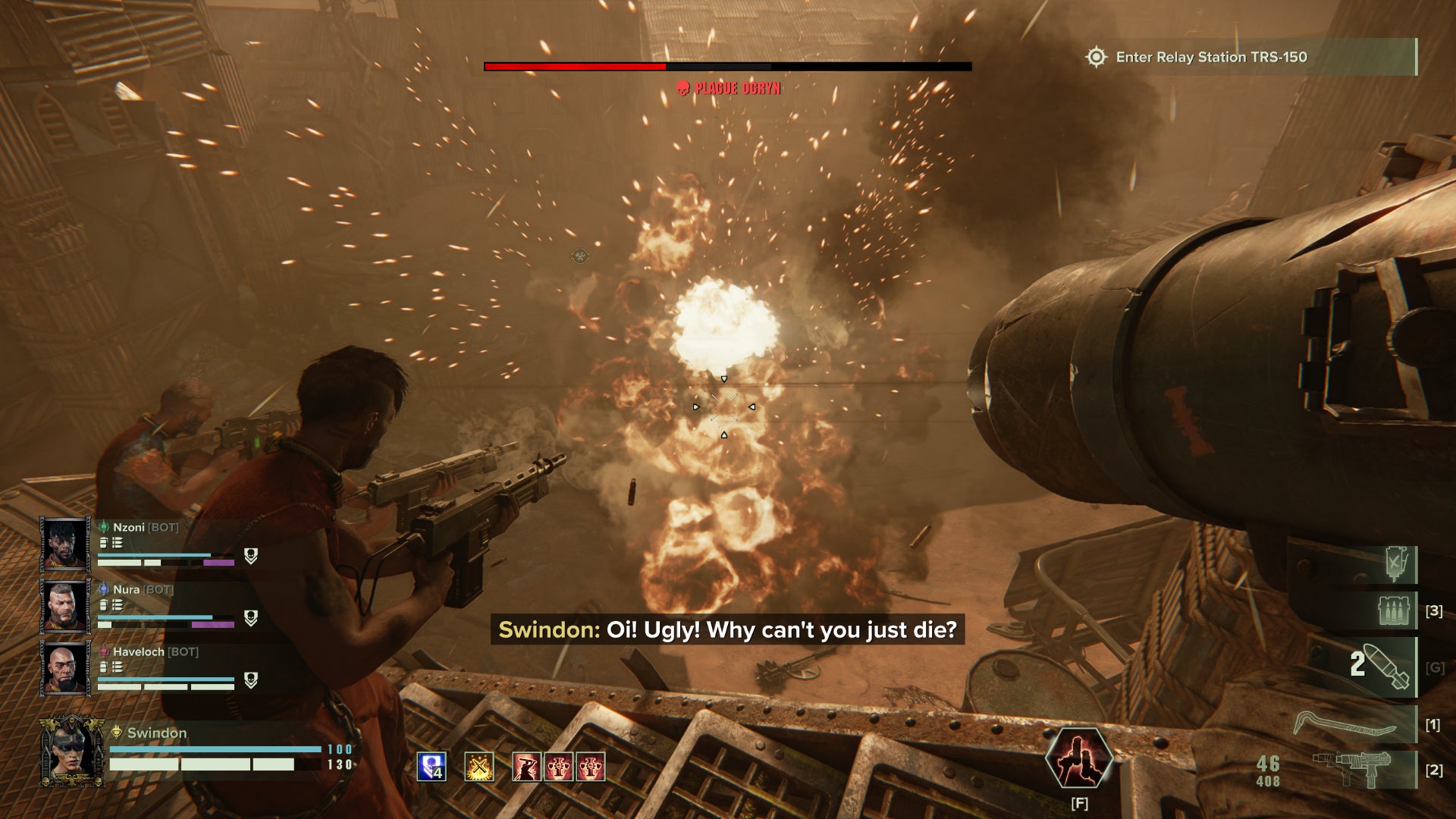 Blasting a Plague Ogryn with the Hive Scum's missile launcher in Warhammer 40,000: Darktide.