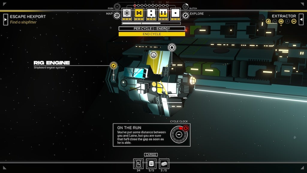 A screen displays sci-fi UI menus. 