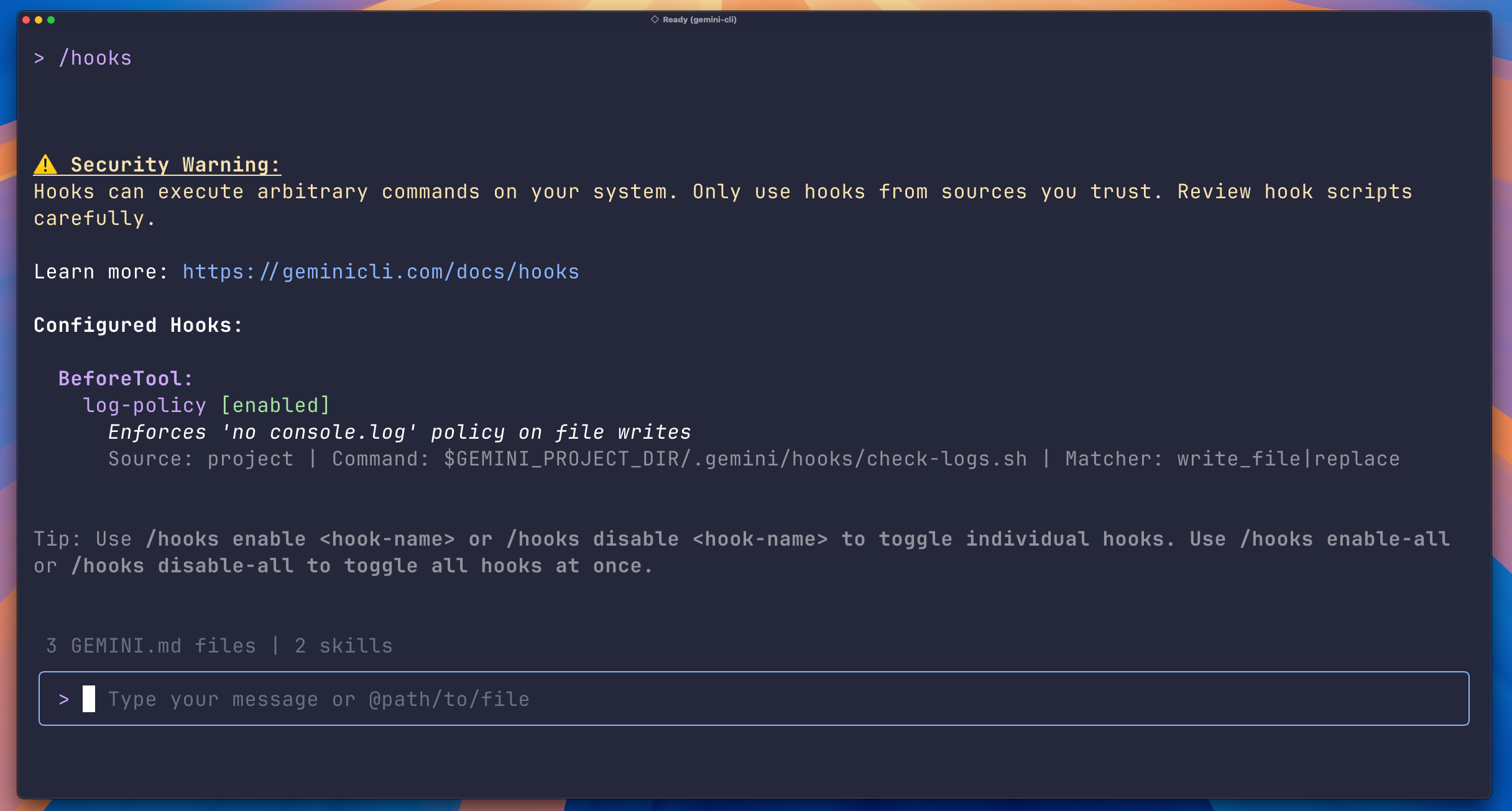 Gemini CLI Hooks panel