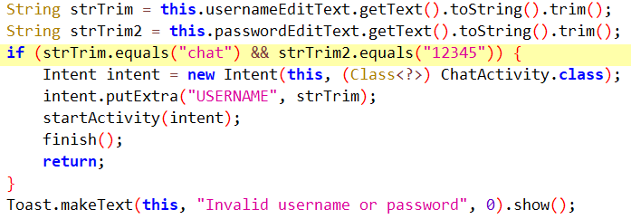Figure 4. Hardcoded credentials in the app’s code (username chat password 12345)