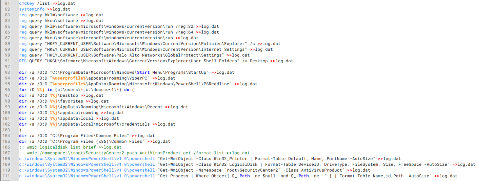 Batch script that collects registry, startup items, directories, and antivirus information for system profiling