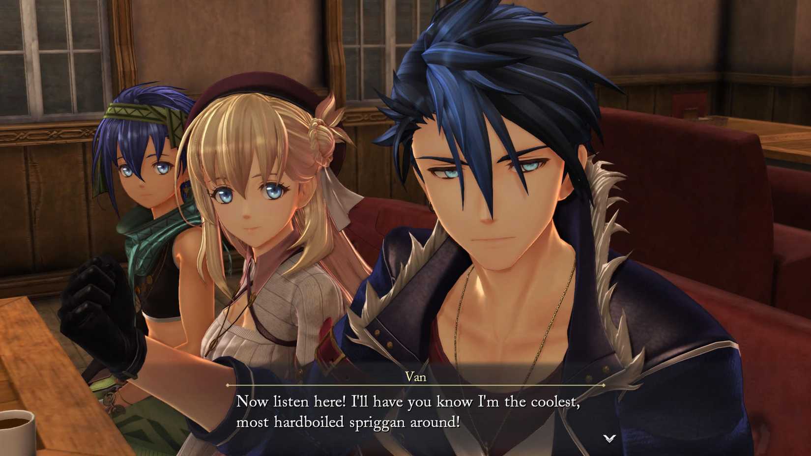 A Trails Beyond the Horizon screenshot showing van saying "Now listen here! I'll have you know I'm the coolest, most hardboiled spriggan around!"