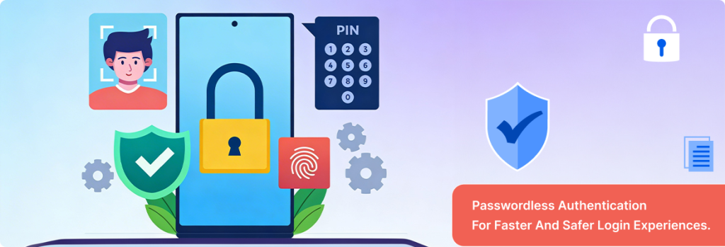 Illustration of mobile passwordless authentication with face recognition and fingerprint security.