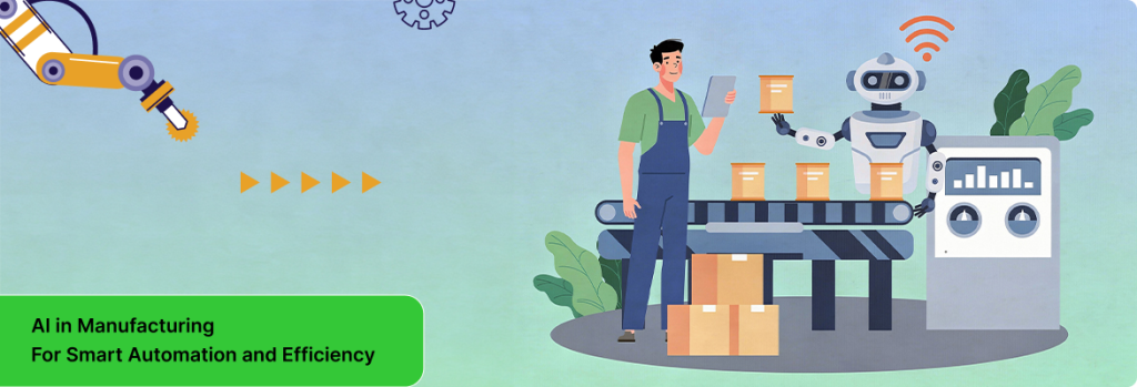 Graphic showing robotic arms and smart machines in a factory environment representing AI in manufacturing efficiency. 