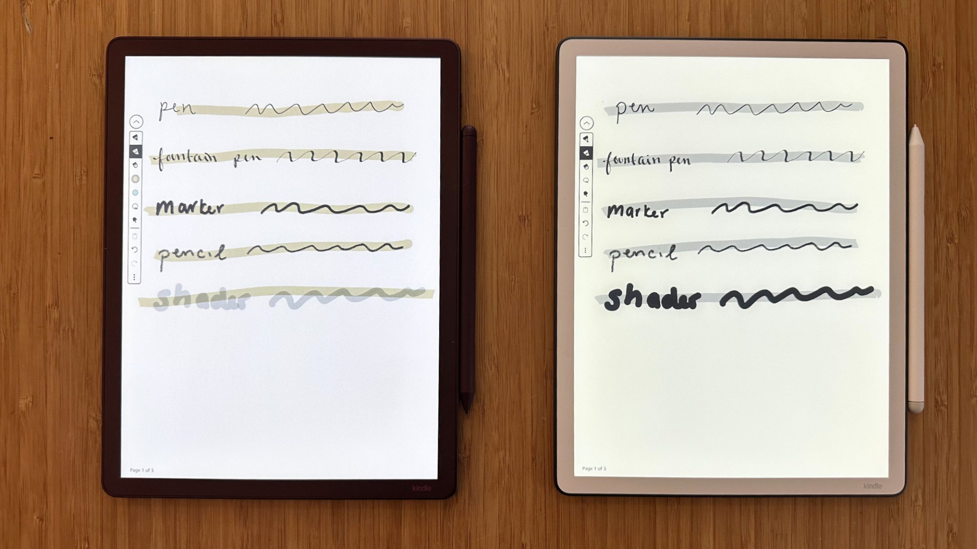 The Kindle Scribe Colorsoft on the left and the 2025 Kindle Scribe on the right.